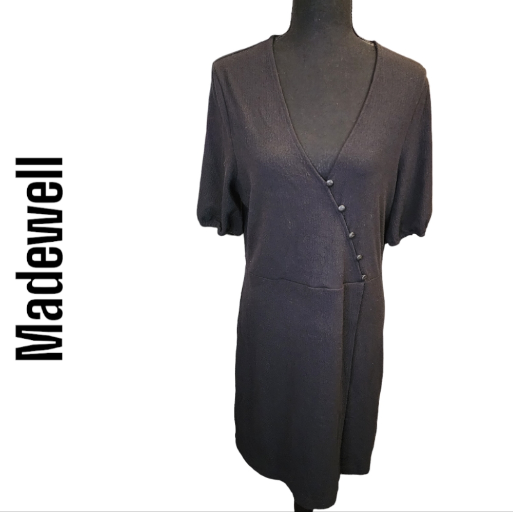 Madewell black faux wrap assymetrical button mini sheath dress sz xl
